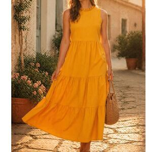 J. Crew Tiered Midi Dress Butter Yellow Cotton Sun Dress Quiet Luxury